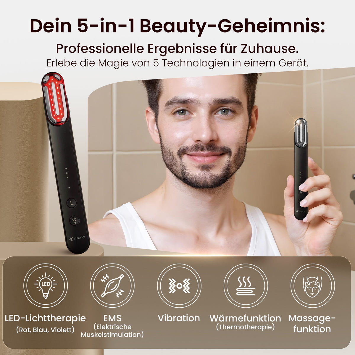 EMS Gesichtsmassagegerät 5-in-1 mit LED-Lichttherapie & 90° drehbarem Kopf
