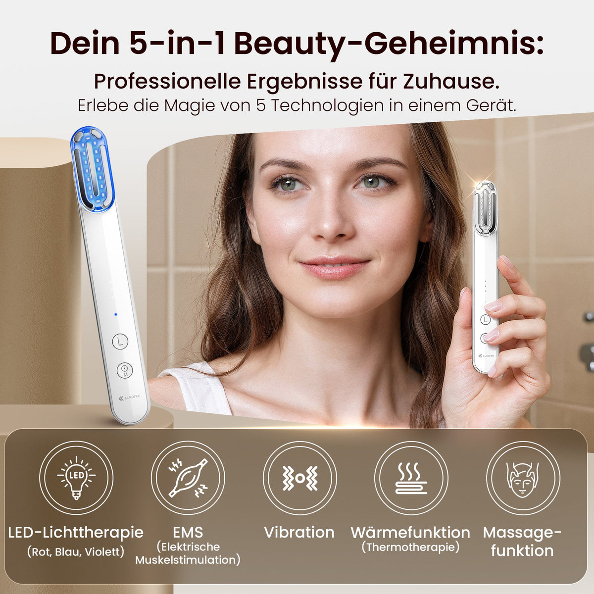 EMS Gesichtsmassagegerät 5-in-1 mit LED-Lichttherapie & 90° drehbarem Kopf