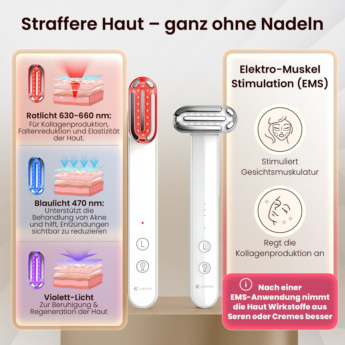 EMS Gesichtsmassagegerät 5-in-1 mit LED-Lichttherapie & 90° drehbarem Kopf