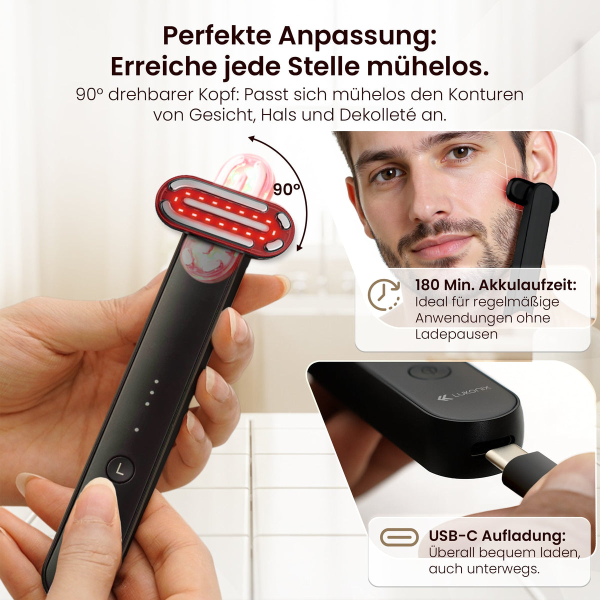 EMS Gesichtsmassagegerät 5-in-1 mit LED-Lichttherapie & 90° drehbarem Kopf