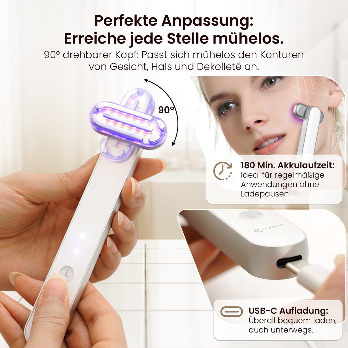 EMS Gesichtsmassagegerät 5-in-1 mit LED-Lichttherapie & 90° drehbarem Kopf