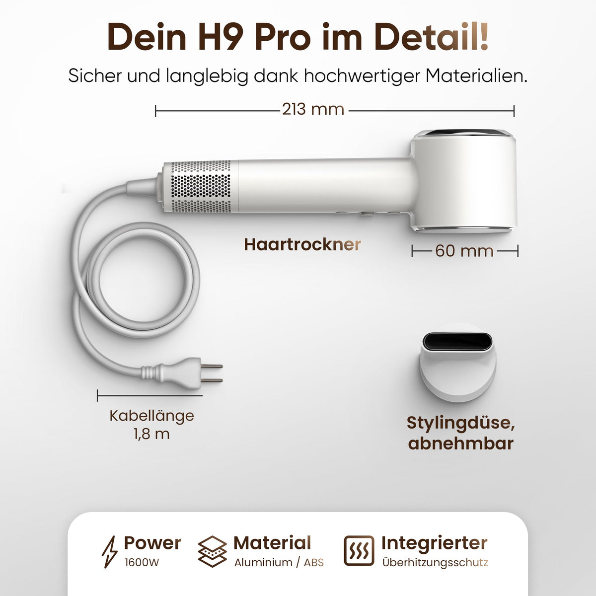 Ionen Haartrockner 1600W mit Plasma-Technologie & 6 Pflege-Modi