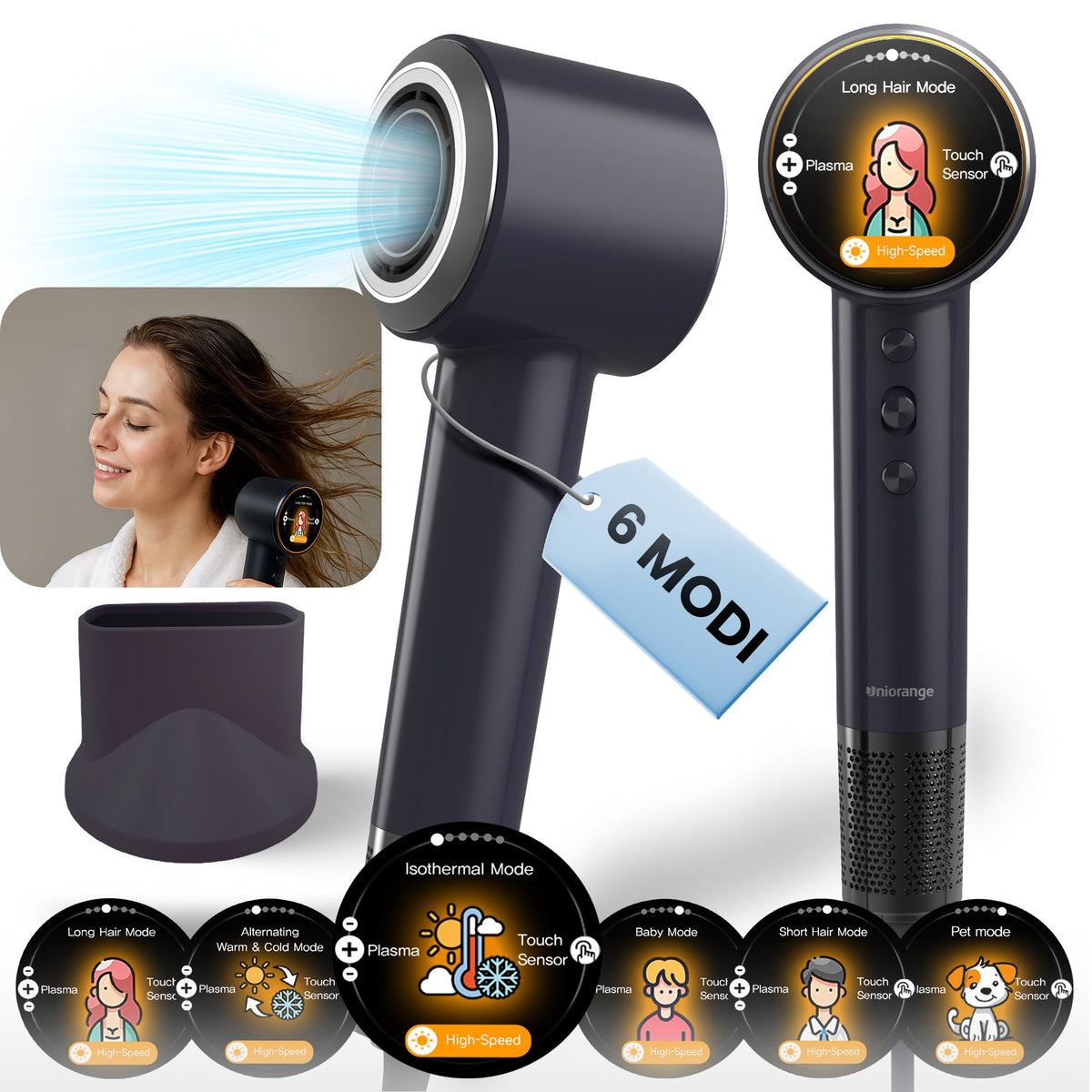 Ionen Haartrockner 1600W mit Plasma-Technologie & 6 Pflege-Modi