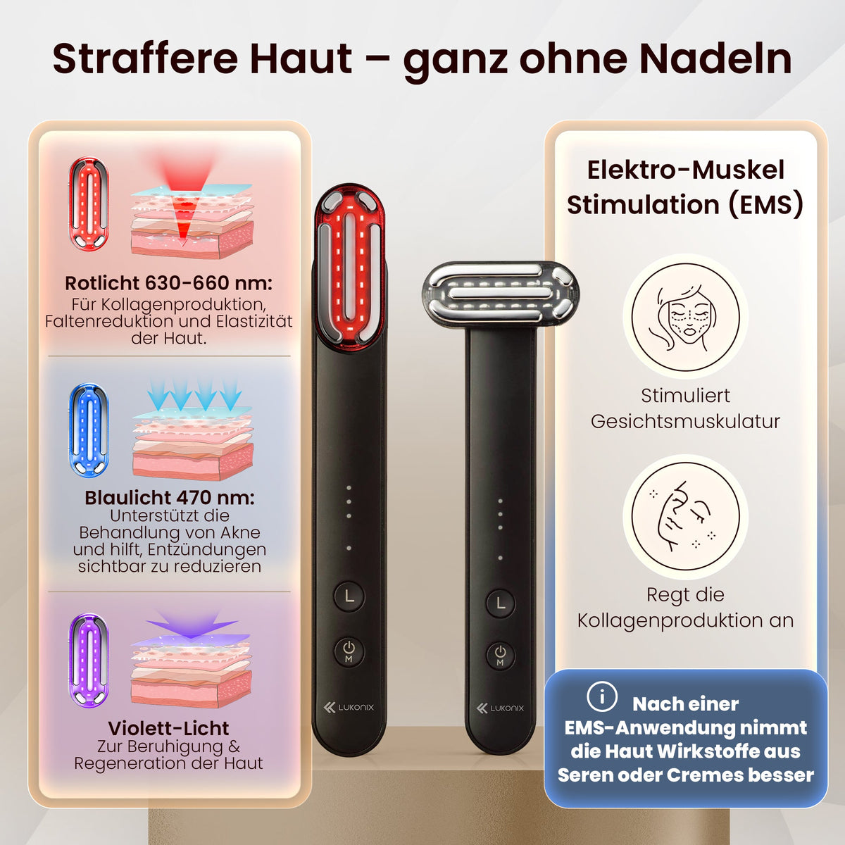 EMS Gesichtsmassagegerät 5-in-1 mit LED-Lichttherapie & 90° drehbarem Kopf