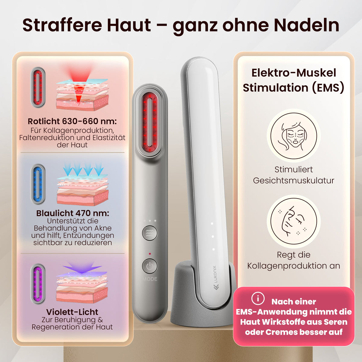 EMS Gesichtsmassagegerät 5-in-1 mit LED-Lichttherapie & Standfuß