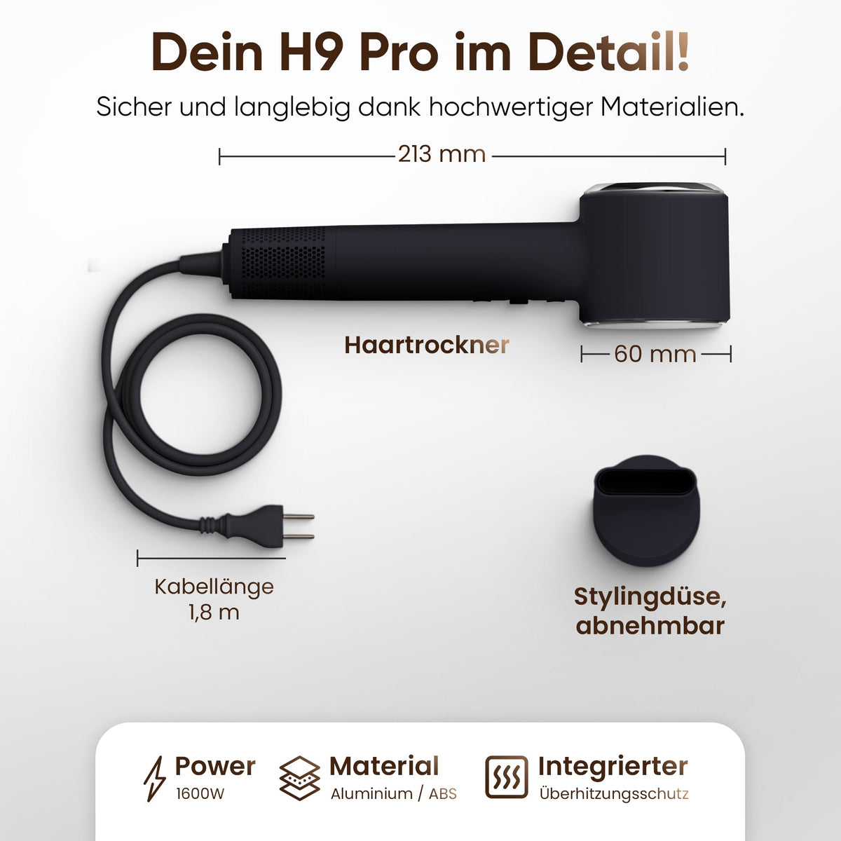 Ionen Haartrockner 1600W mit Plasma-Technologie & 6 Pflege-Modi