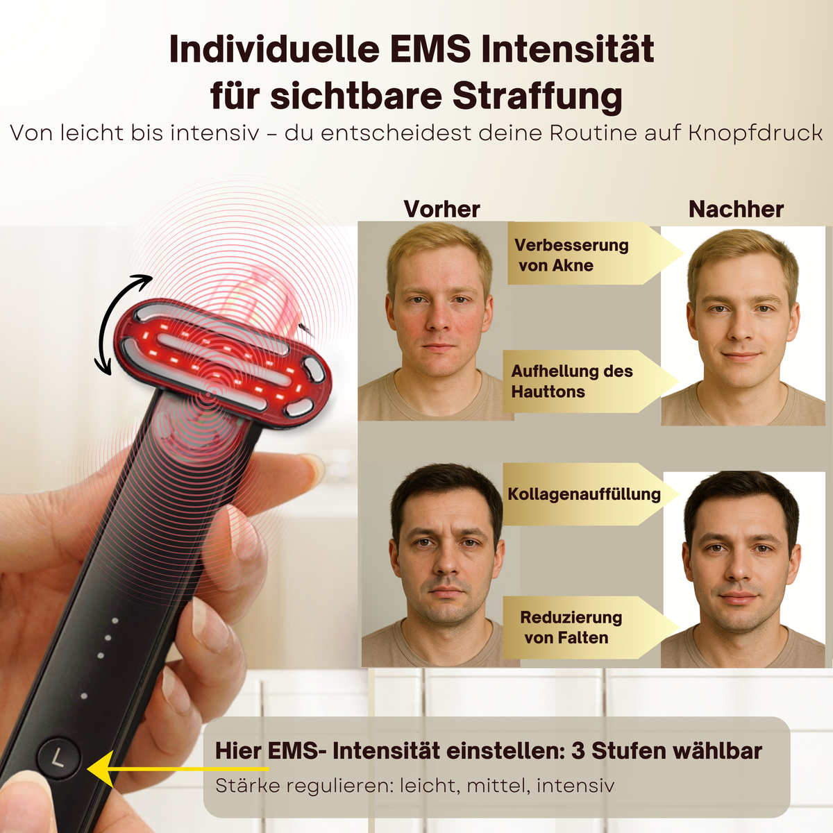 EMS Gesichtsmassagegerät 5-in-1 mit LED-Lichttherapie & 90° drehbarem Kopf